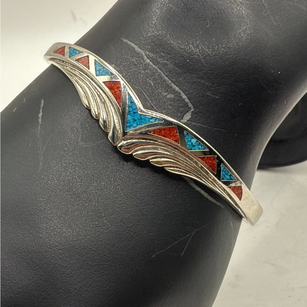 Vtg Zuni Navajo Southwestern 925 Silver Turquoise Coral Pointed Cuff Bracelet